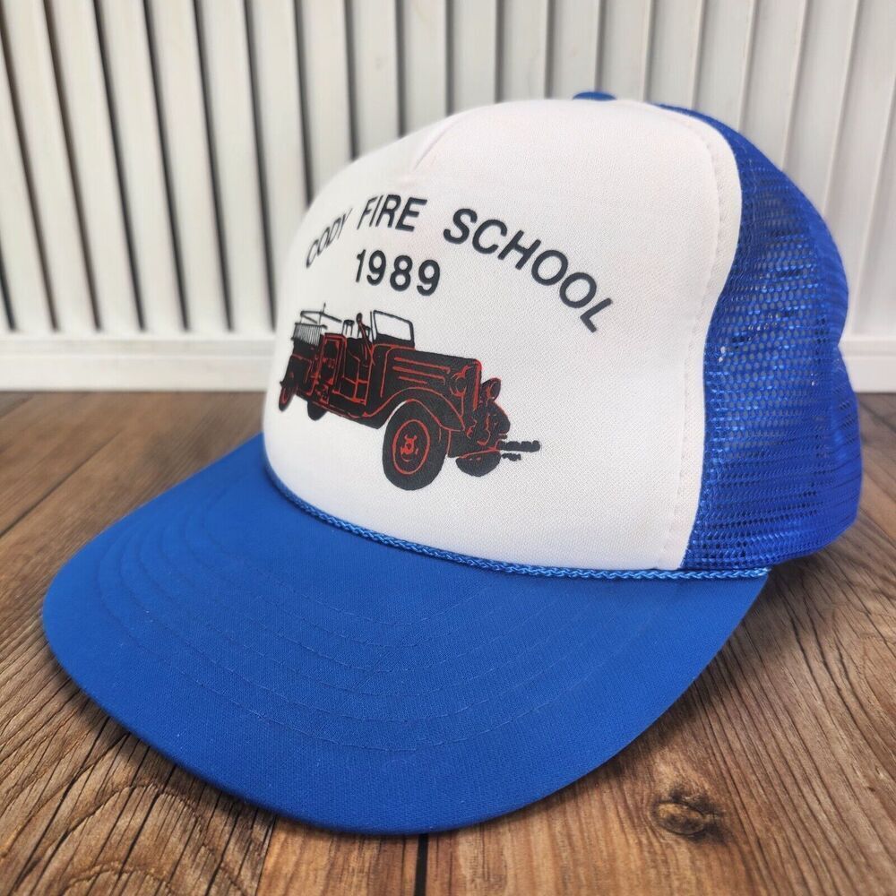 VTG 1989 Cody Fire School Snapback Trucker Hat Cap Blue White Rope Mesh Wyoming